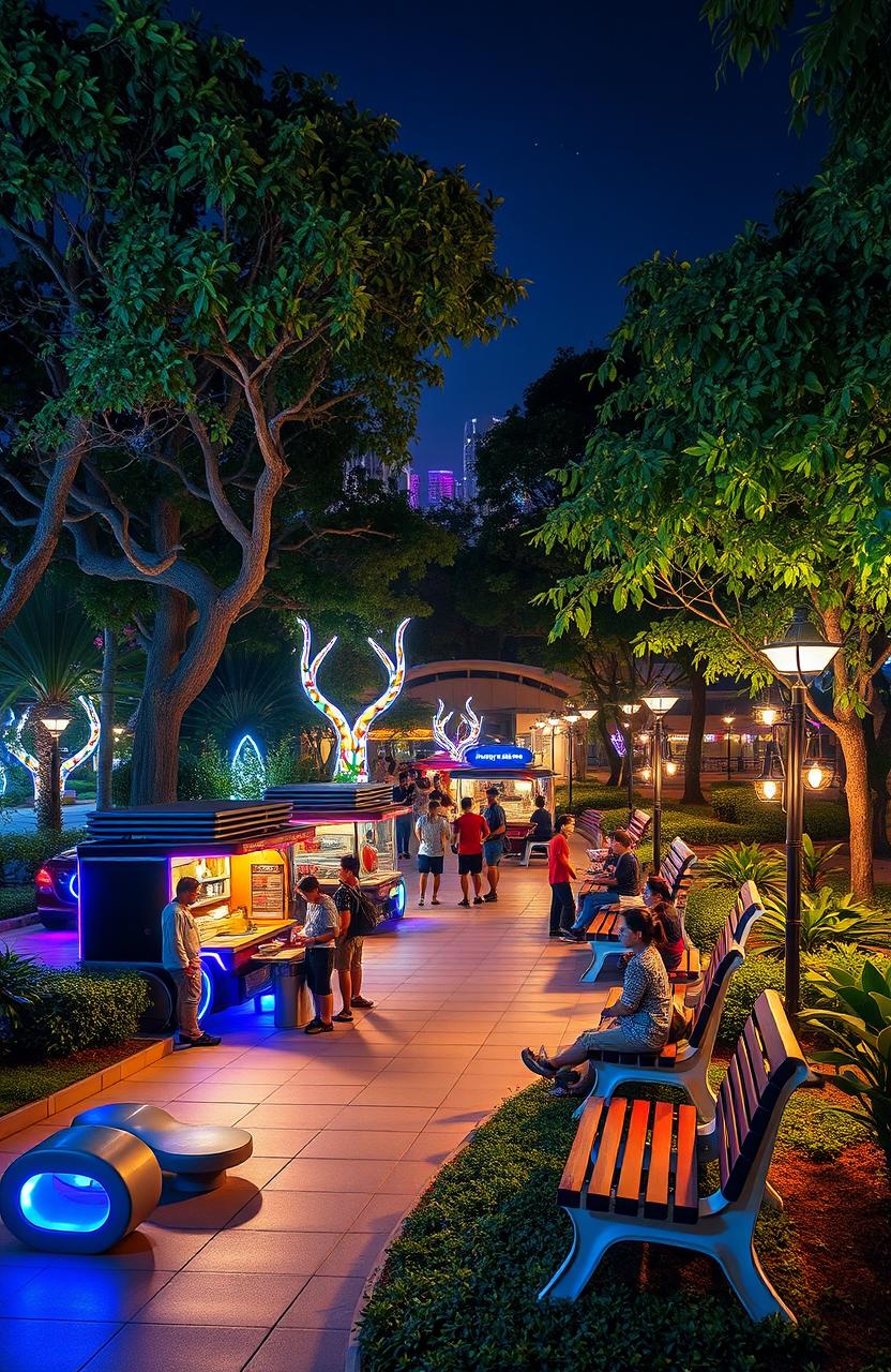 A nighttime park scene in the year 2100, featuring a vibrant cyberpunk theme with a beautiful array of stylish lights illuminating the surroundings
