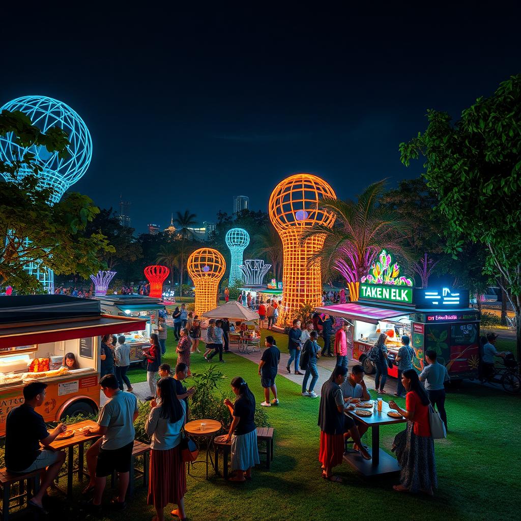 A vibrant nighttime park scene in the year 2100, showcasing the beauty of advanced lighting