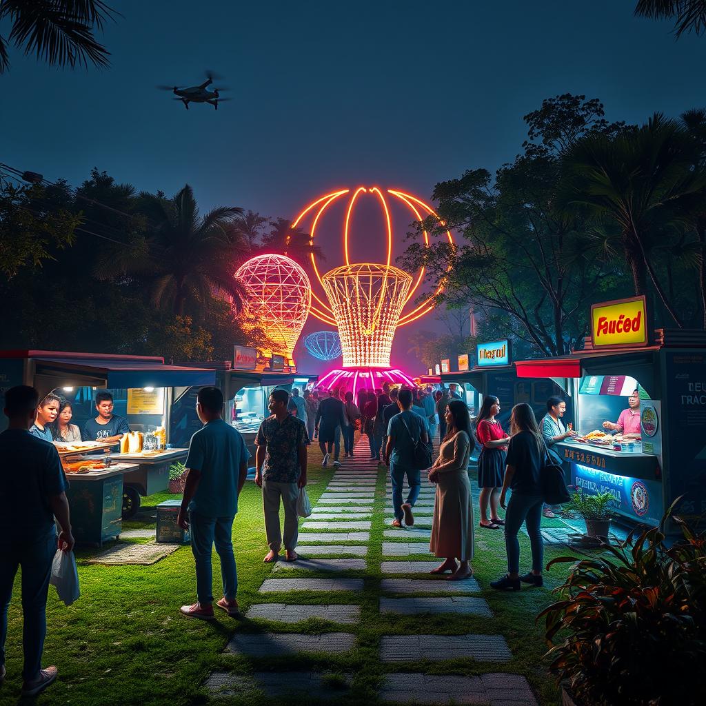 A portrait-style depiction of a nighttime park scene in the year 2100, showcasing a vibrant cyberpunk theme filled with beautiful, stylish lighting