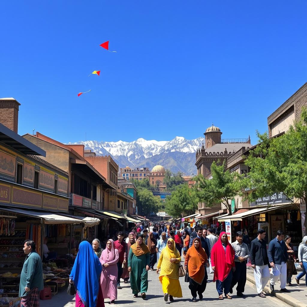 A vibrant street scene in Kabul, showcasing the unique blend of traditional Afghan architecture with modern elements