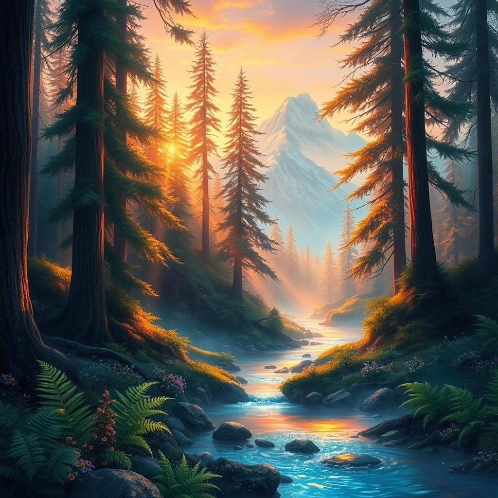 A stunning digital painting of a mystical forest at dawn, showcasing vibrant colors with ethereal light filtering through the ancient trees