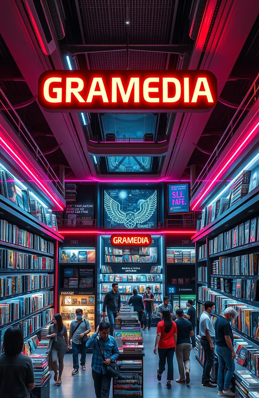 A futuristic vision of a Gramedia bookstore in the year 2100, embodying a blend of cyberpunk aesthetics and realism