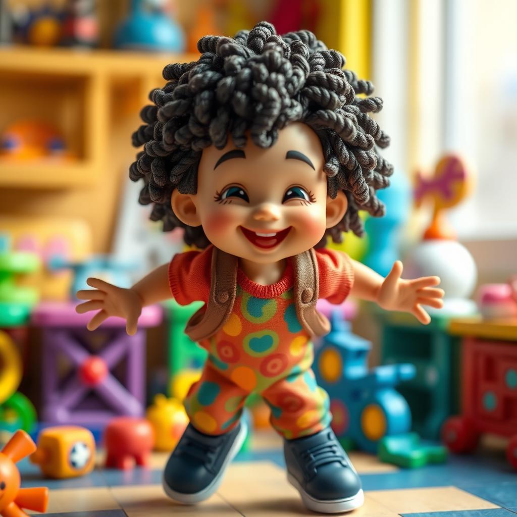 A detailed and beautifully crafted figurine of a boy with curly hair, wearing a colorful outfit