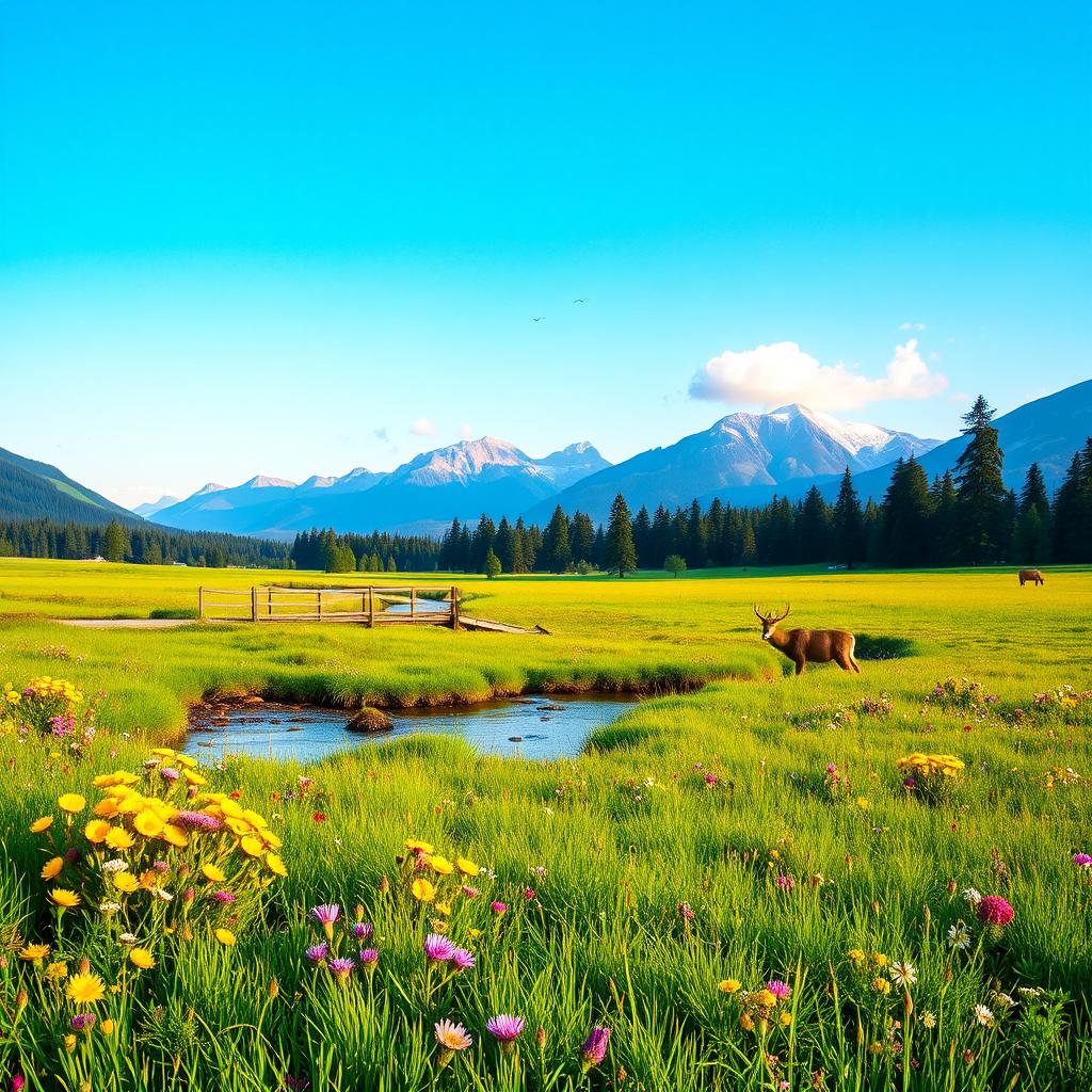 A serene landscape of a lush green meadow in the early morning light, filled with vibrant wildflowers in various colors like yellow, purple, and pink