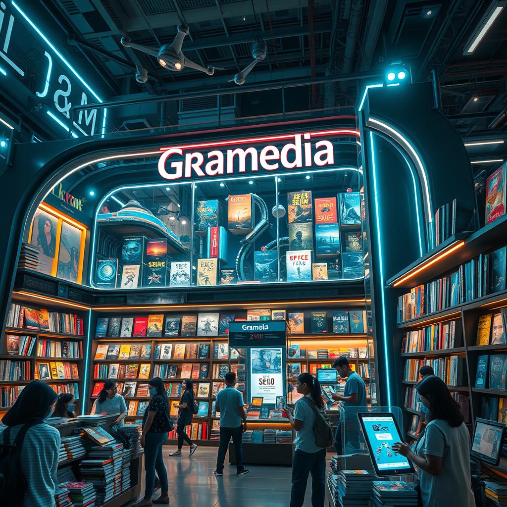 A futuristic depiction of a Gramedia bookstore in the year 2100, showcasing wonderful advancements and beauty