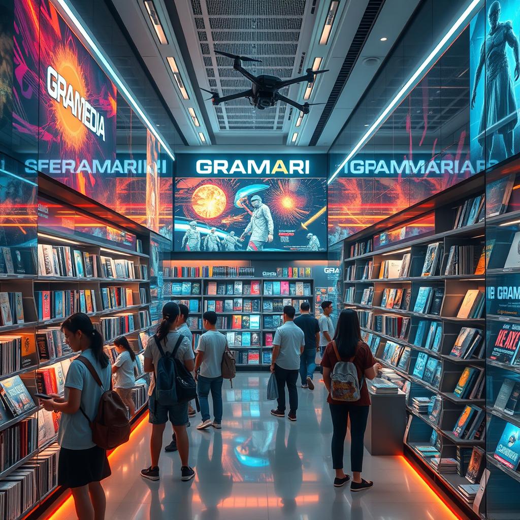 An imaginative depiction of a Gramedia bookstore set in the year 2100, blending cyberpunk aesthetics with a realistic approach