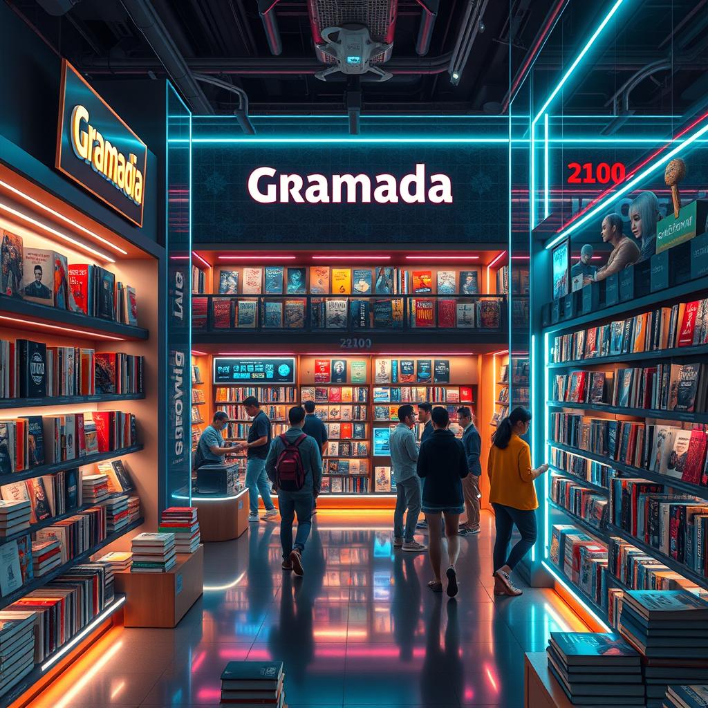A captivating portrayal of a Gramedia bookstore set in the year 2100, showcasing delightful advancements and a beautiful ambiance