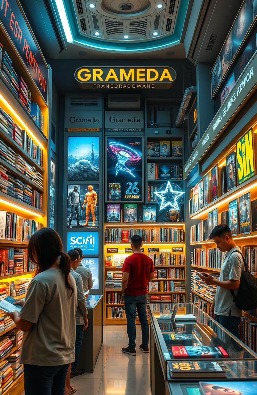 A futuristic bookstore resembling Gramedia in the year 2100, filled with shelves of beautiful and engaging sci-fi books