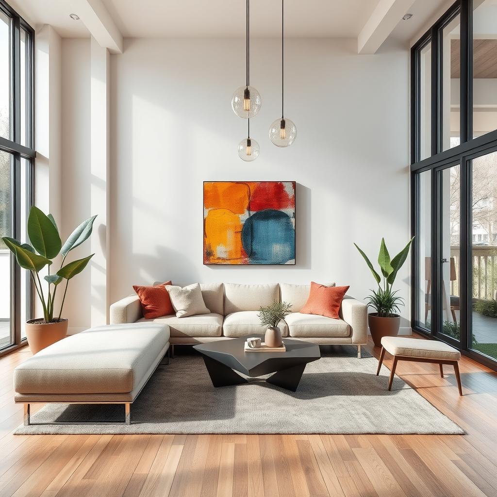 A modern living room featuring sleek furniture and minimalist decor