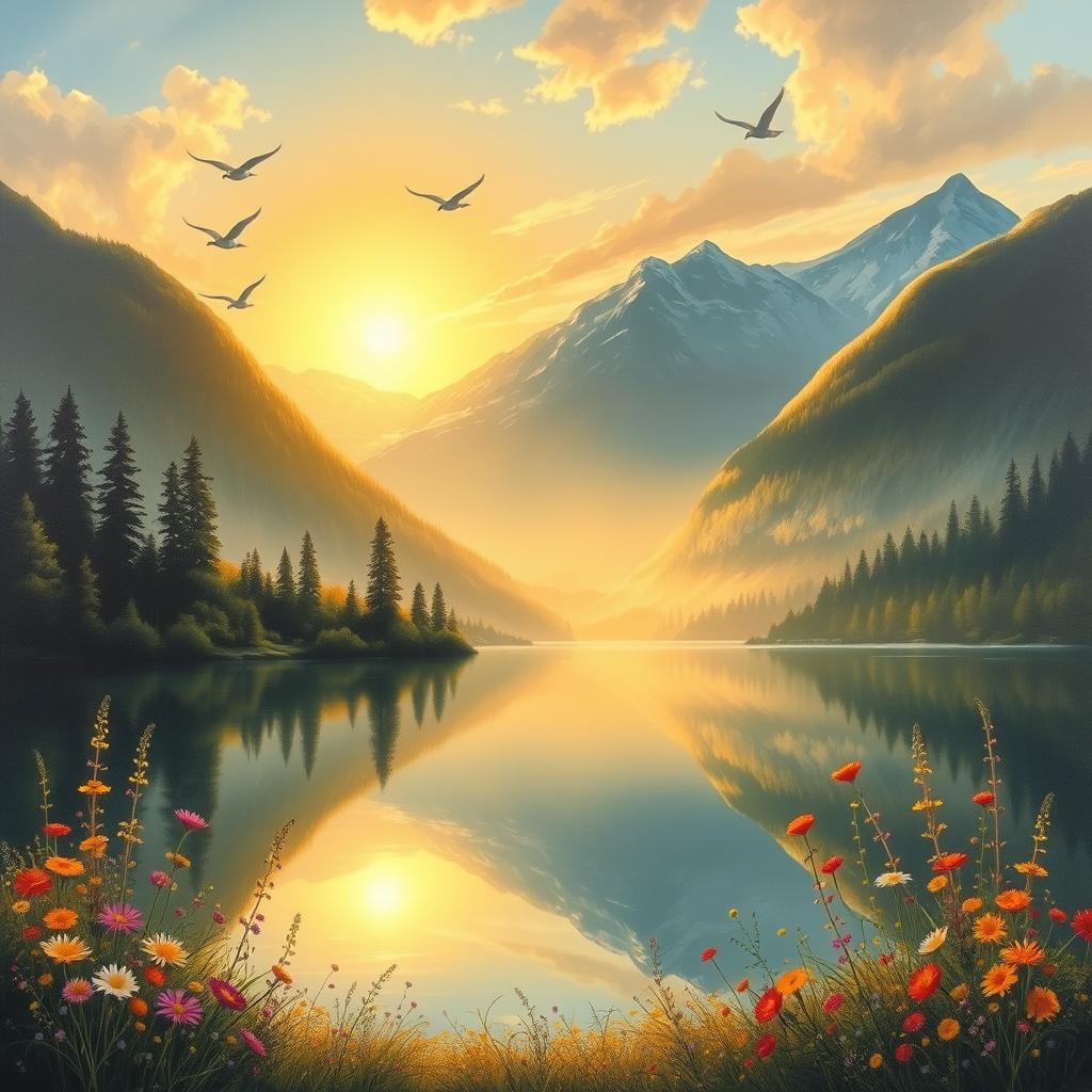 A serene landscape painting depicting a tranquil lake surrounded by lush forests and majestic mountains in the background