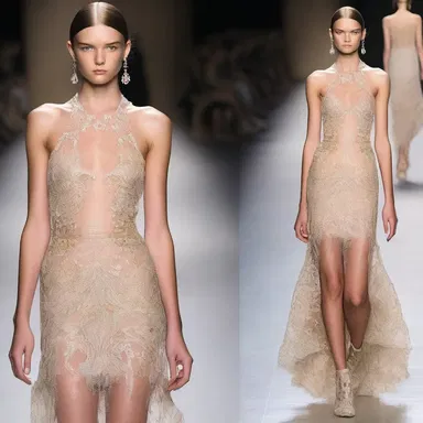 The runway model wore a stunning ane dress with intricate detailing.