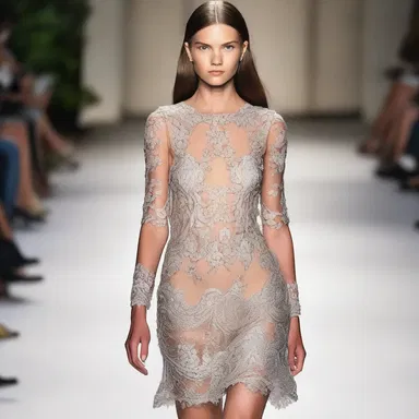 The runway model wore a stunning ane dress with intricate detailing.