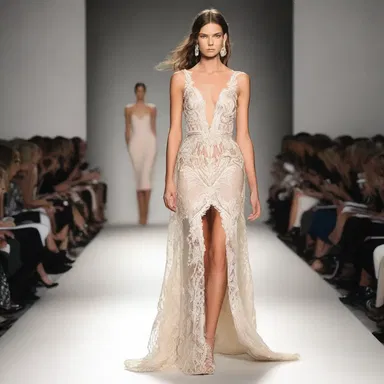 The runway model wore a stunning ane dress with intricate detailing.