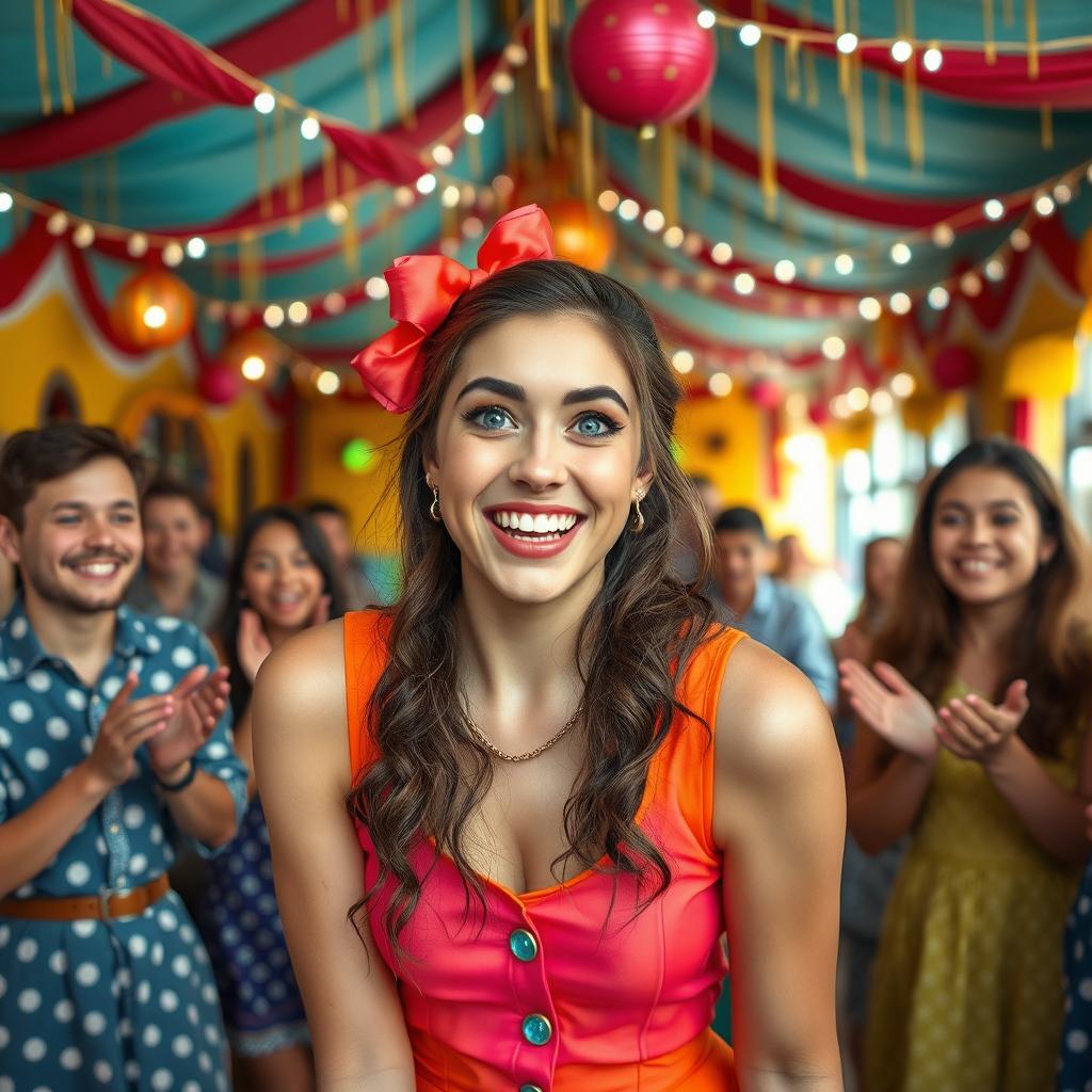 A scene capturing a playful and cheeky moment in a whimsical carnival setting, featuring a young adult woman with playful expressions, dressed in a bright, colorful outfit that emphasizes fun and mischief