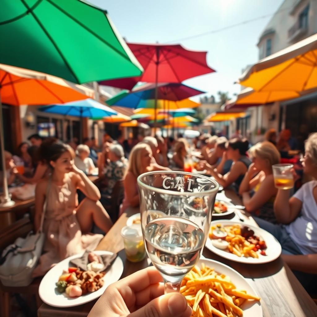 A busy outdoor cafe scene, where people are lounging at tables, enjoying their drinks and food