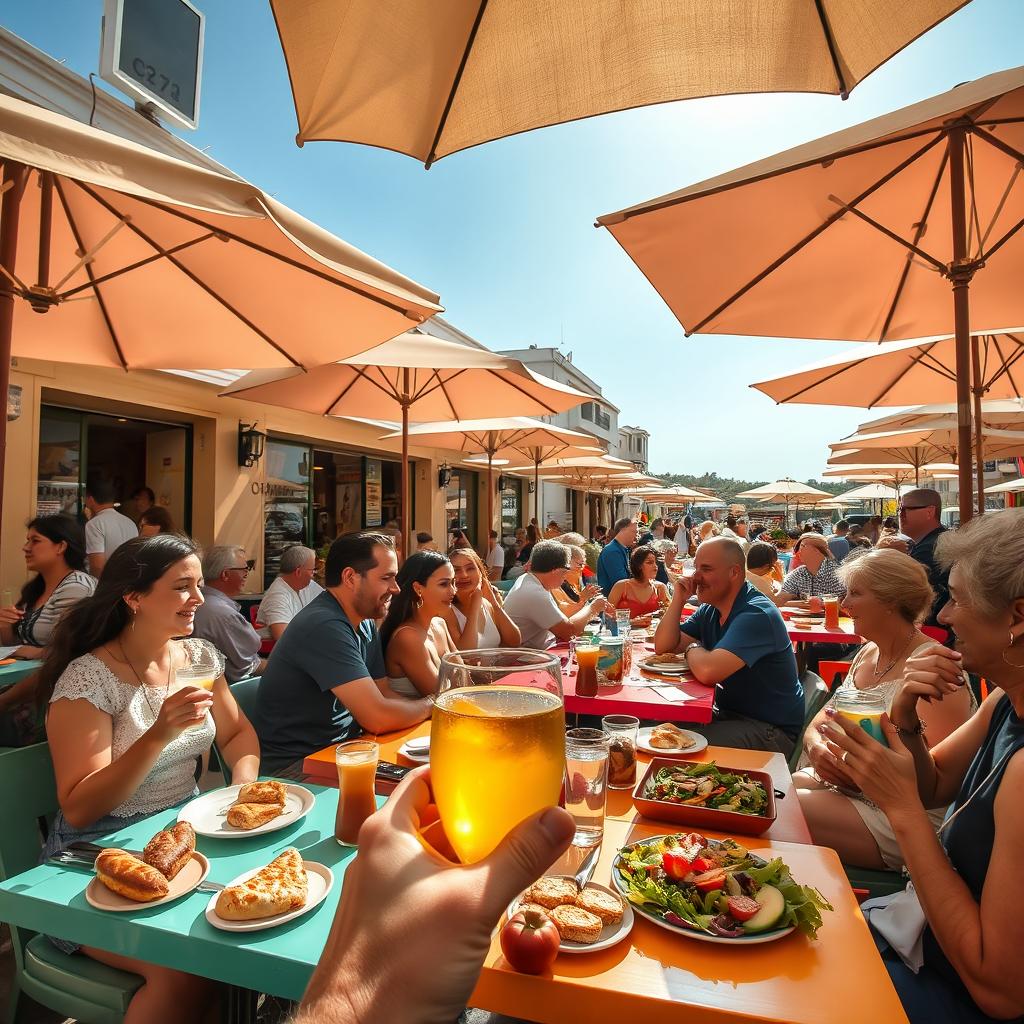 A vibrant outdoor cafe scene, filled with various people enjoying their meals and drinks at colorful tables