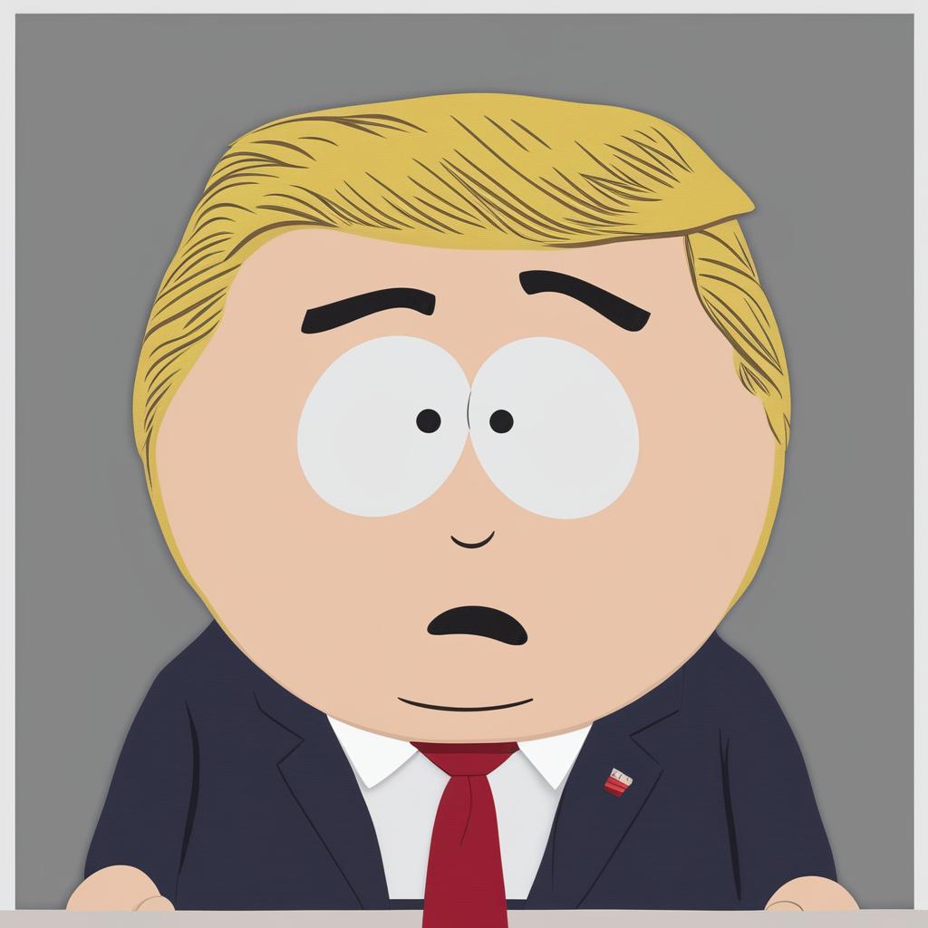 This is a high-quality digital art piece depicting former President Donald Trump as a South Park character