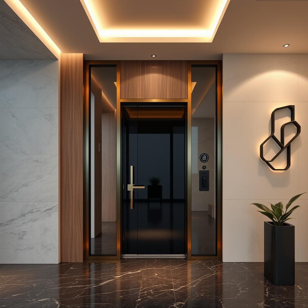 An elegant and simple luxury entrance design featuring a soundproof smart door