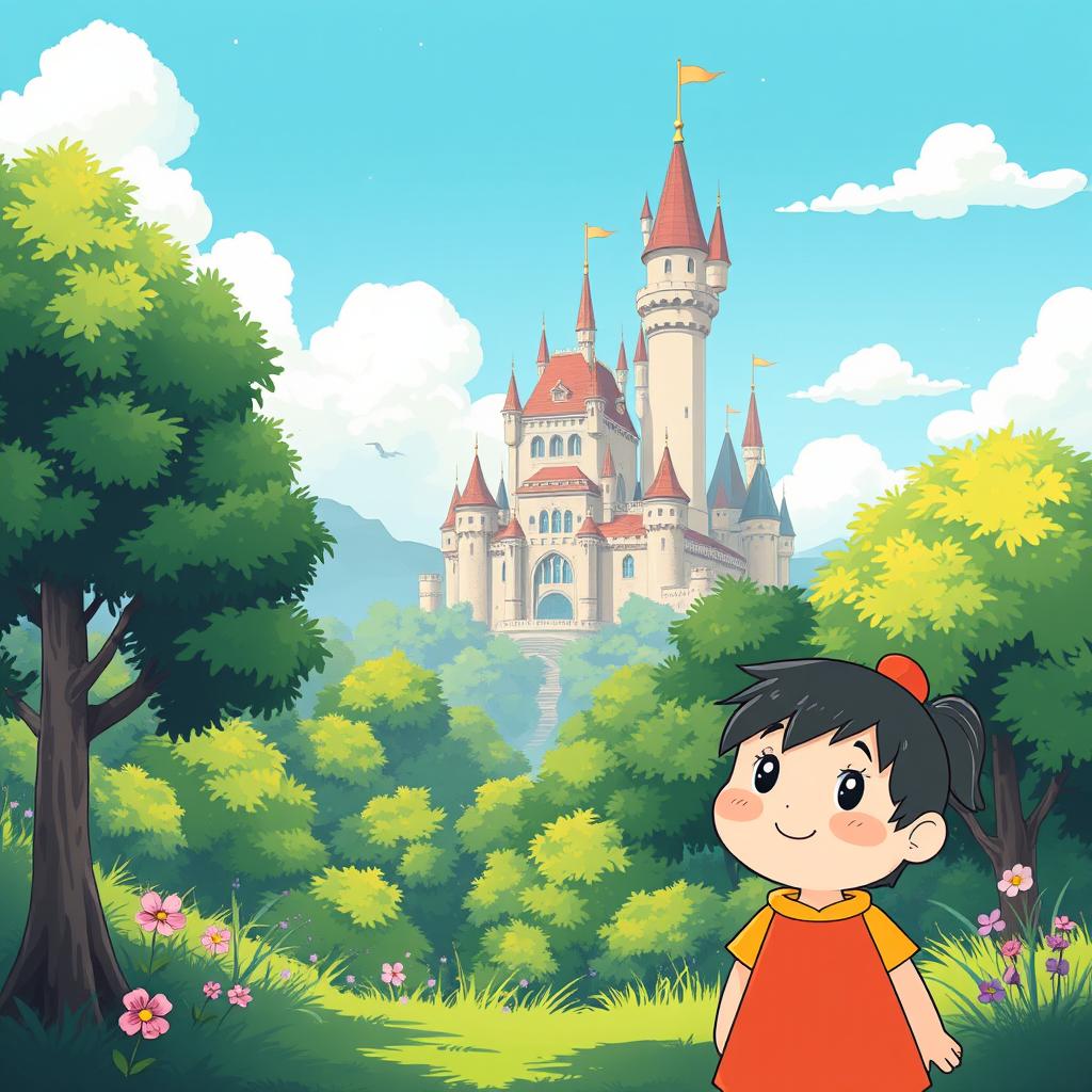 A vibrant cartoon landscape inspired by the style of old Ghibli movies, featuring lush green forests, whimsical character designs, and a serene atmosphere