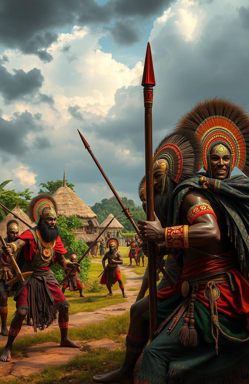 A dynamic scene depicting the Yoruba civil war in West Africa, showcasing fierce warriors in traditional attire with richly detailed costumes and weaponry