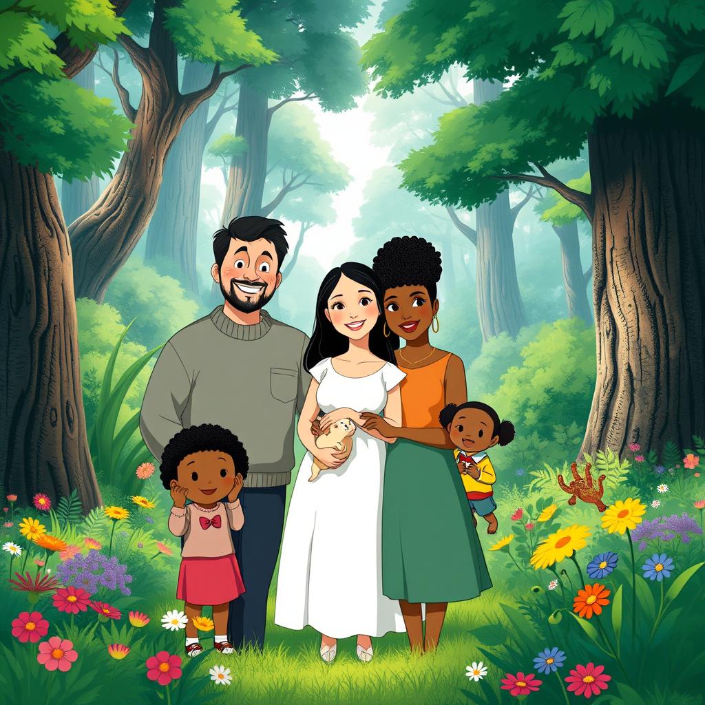 A family portrait in the whimsical style of Studio Ghibli, featuring a diverse family with varied skin tones and features