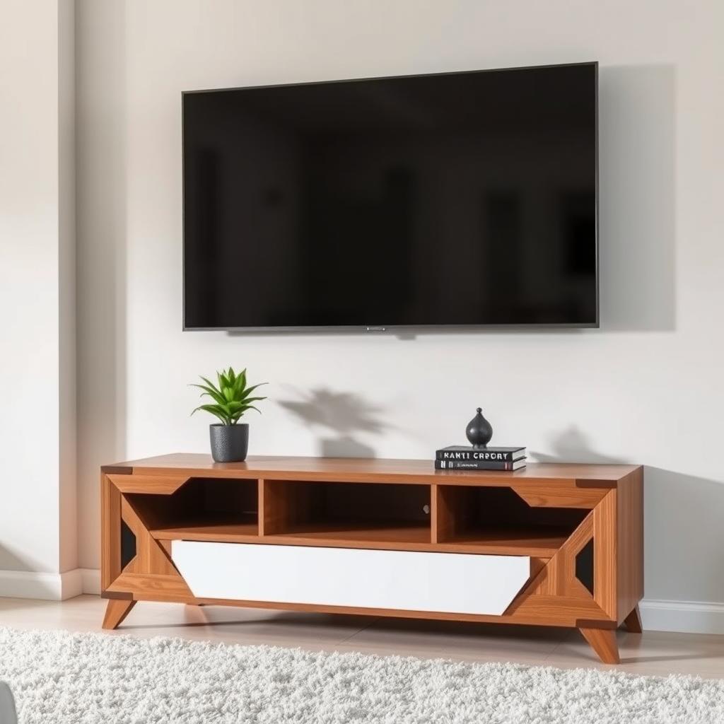 A modern living room featuring a stylish television mounted on the wall
