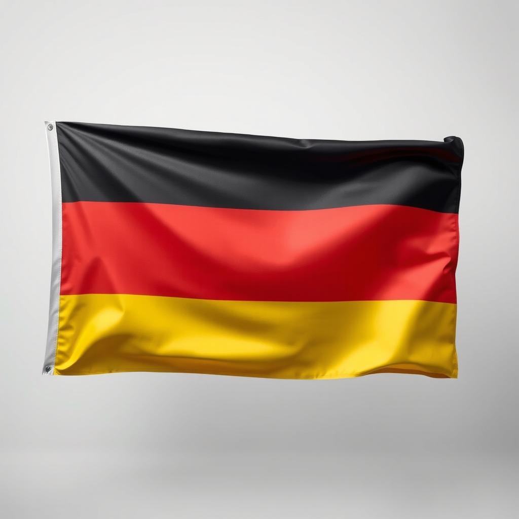 The flag of Germany displayed prominently, featuring horizontal stripes of black, red, and gold, with a smooth, flowing fabric texture that catches the light beautifully