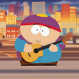 A vibrant, high-quality digital art image depicting Eric Cartman from South Park playing an acoustic guitar