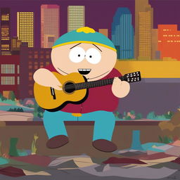 A vibrant, high-quality digital art image depicting Eric Cartman from South Park playing an acoustic guitar