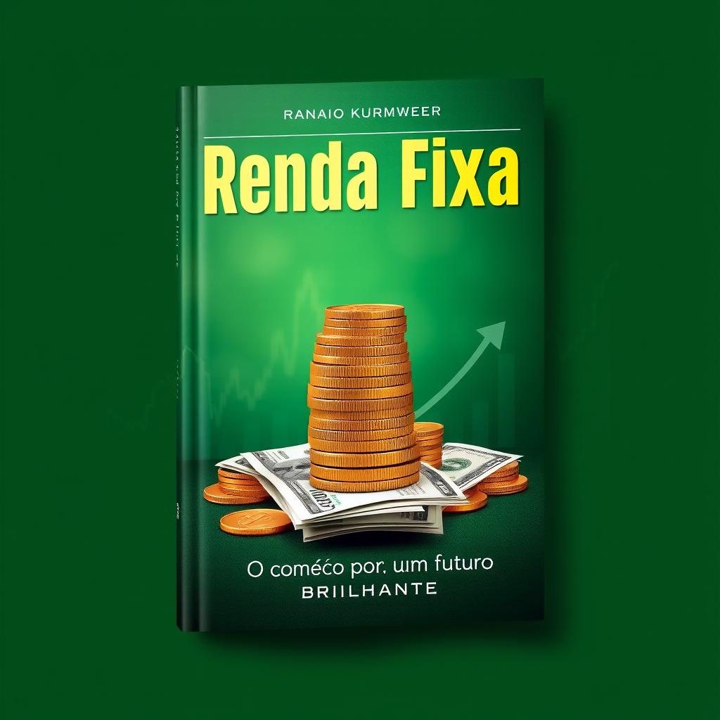 A captivating book cover design for "Renda Fixa" featuring a stack of gold coins and banknotes artistically arranged to symbolize financial stability and investment growth