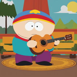 A vibrant, high-quality digital art image depicting Eric Cartman from South Park playing an acoustic guitar