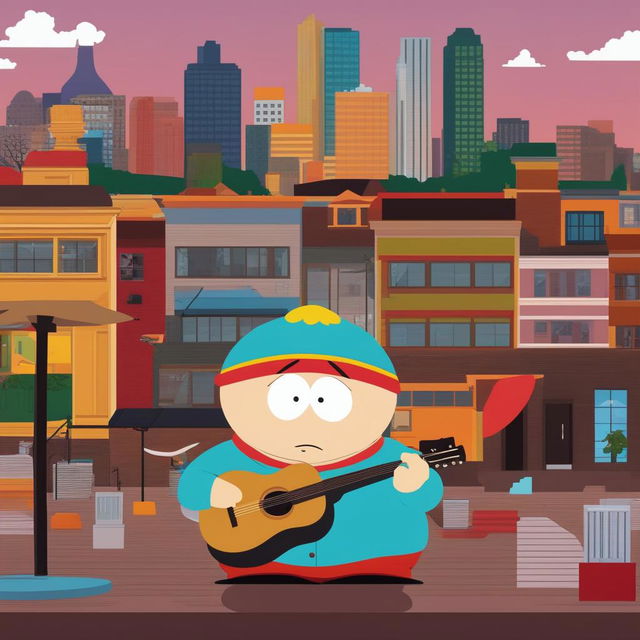 A vibrant, high-quality digital art image depicting Eric Cartman from South Park playing an acoustic guitar