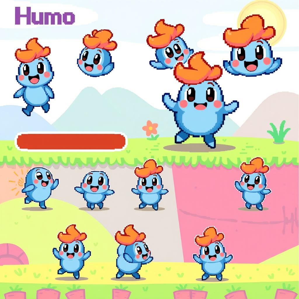 A vibrant pixel art spritesheet featuring a whimsical, cartoonish character named 'Humo'