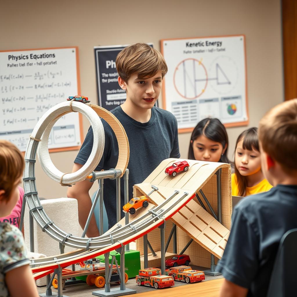 A detailed design of a physics project, showcasing a high school student's innovative approach to demonstrating the principles of mechanics