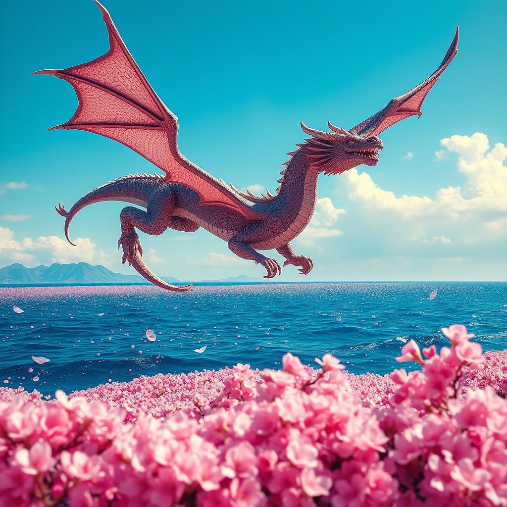 A majestic dragon soaring over a vast ocean filled with cherry blossoms
