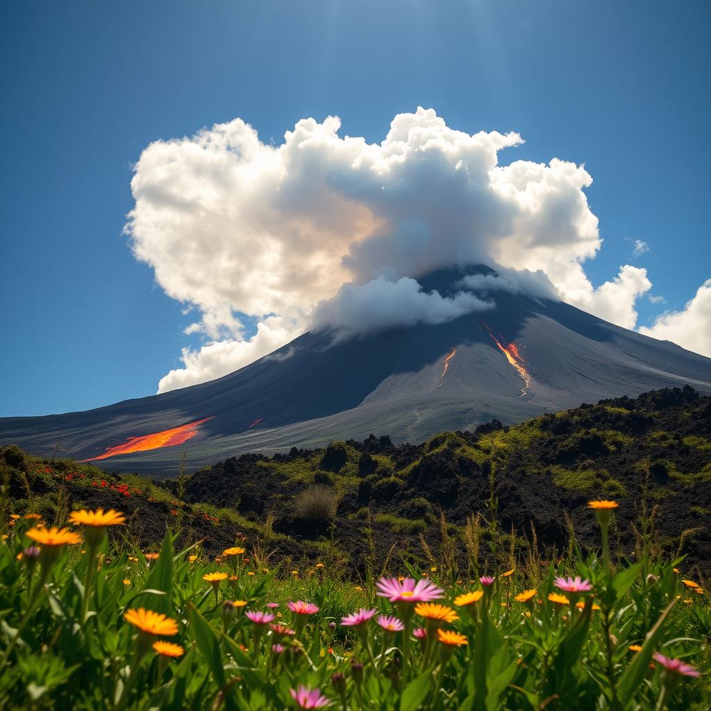 A stunning landscape featuring a volcano erupting in the background, with vibrant lava flowing down its slopes and billowing clouds of ash rising into a clear blue sky