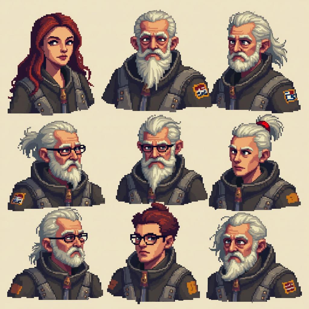 Pixel art style portraits of old mech pilots, featuring a diverse group of characters with unique designs