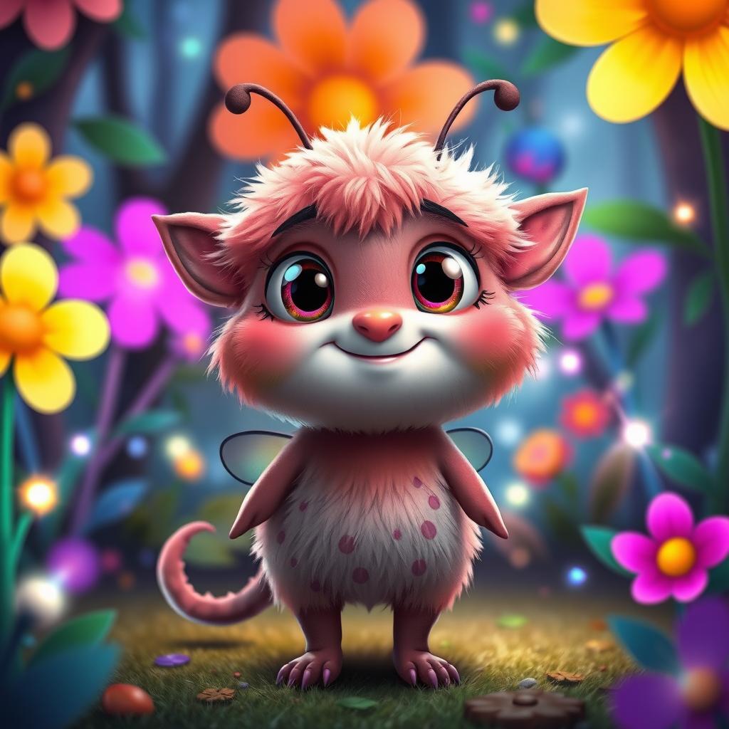 A whimsical 2D creature featuring bright, vibrant colors, with large expressive eyes and a quirky smile