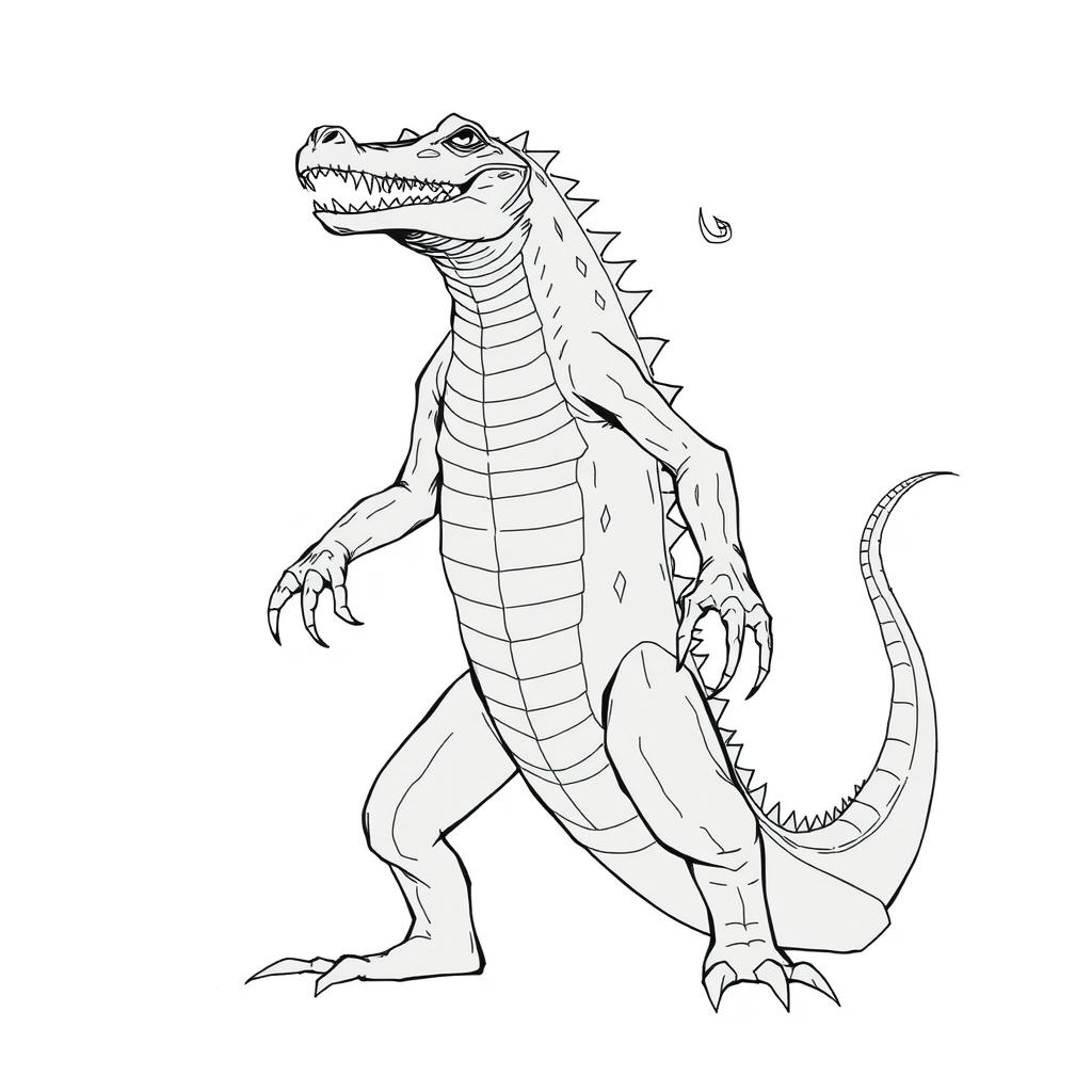 A simple 2D drawing of a towering 15ft tall creature with a crocodile head, showcasing its sharp features
