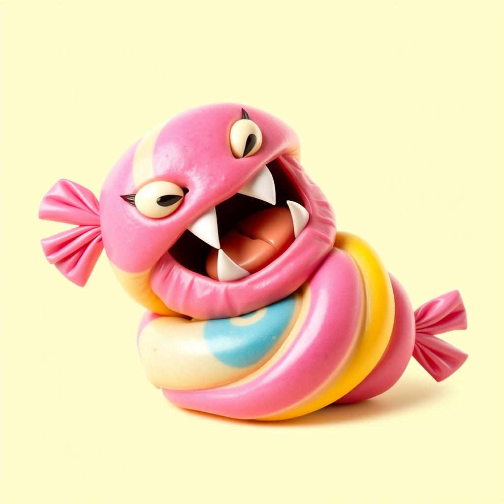 A vibrant and colorful snack, resembling a twisted and exaggerated candy or pastry, wrapping around itself with its fangs showing, animated and playful expression
