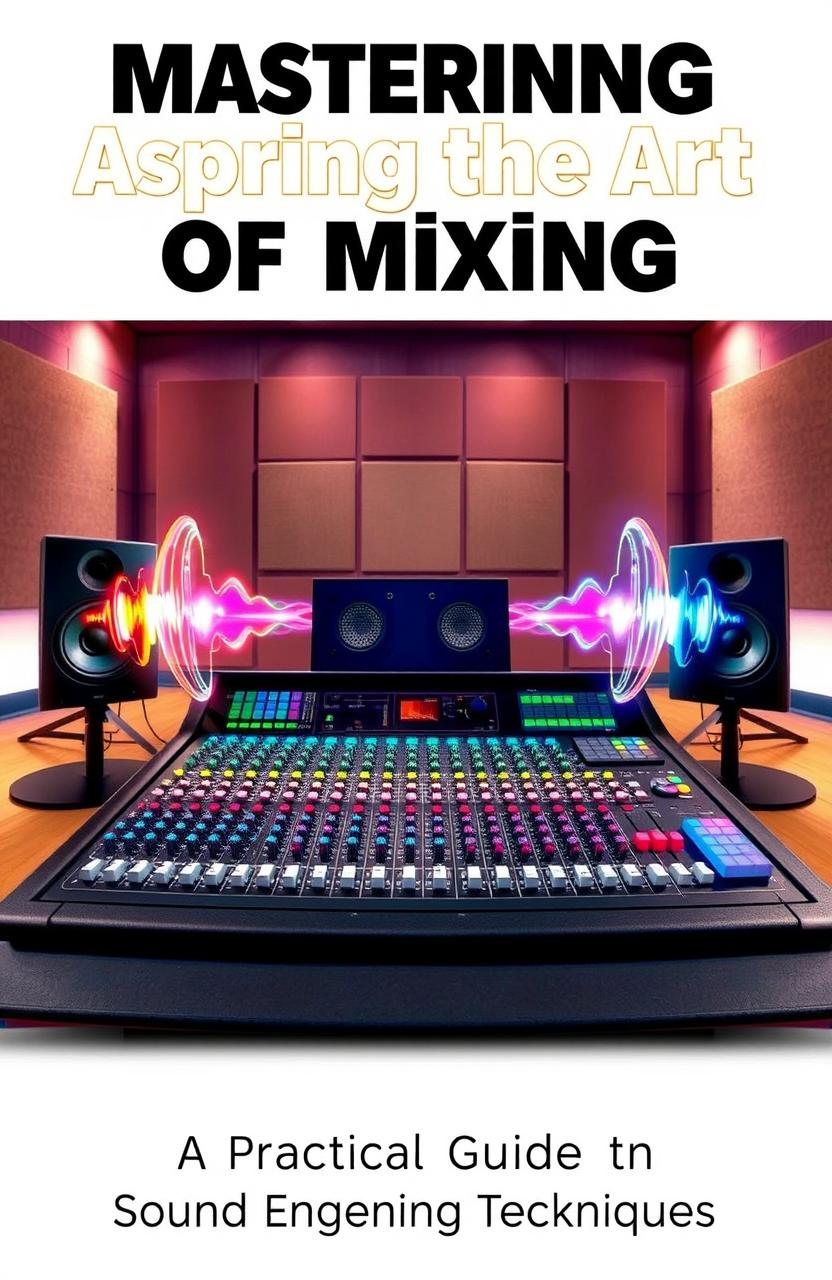 A comprehensive sound engineering book cover depicting a mixing console filled with colorful controls and dials, highlighted by vibrant sound waves emanating from the speakers on either side