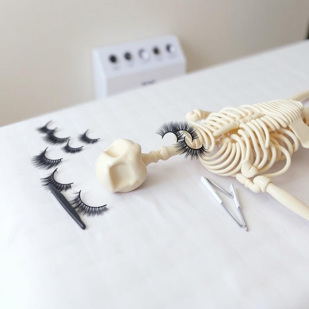 A photo of a beauty bed for eyelash extensions, featuring neatly arranged false eyelashes and tweezers placed beside it