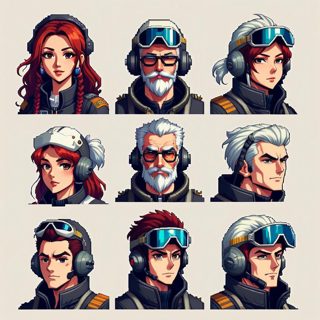 pixel art style anime portraits of  Pilots with helmet on