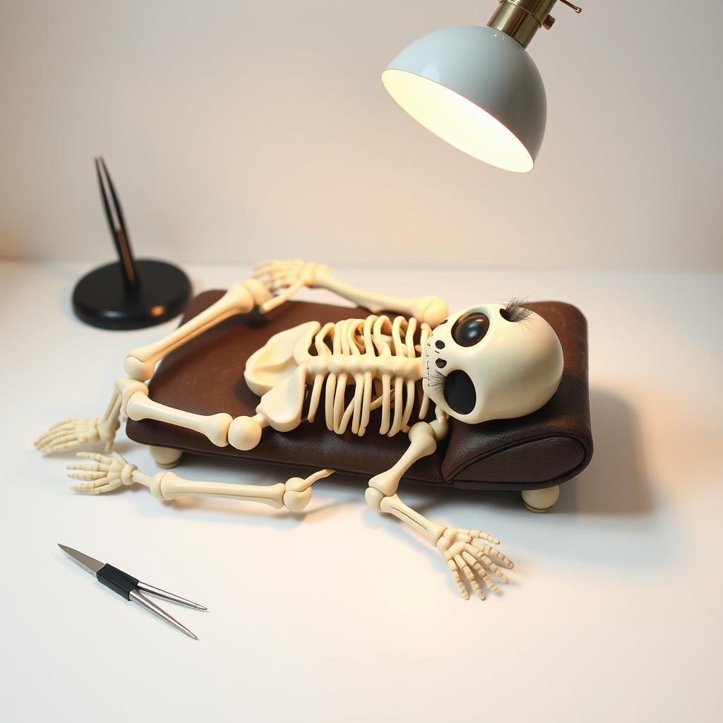 A charming skeleton lying on a lash extension couch, adorned with beautifully extended eyelashes on its eye sockets
