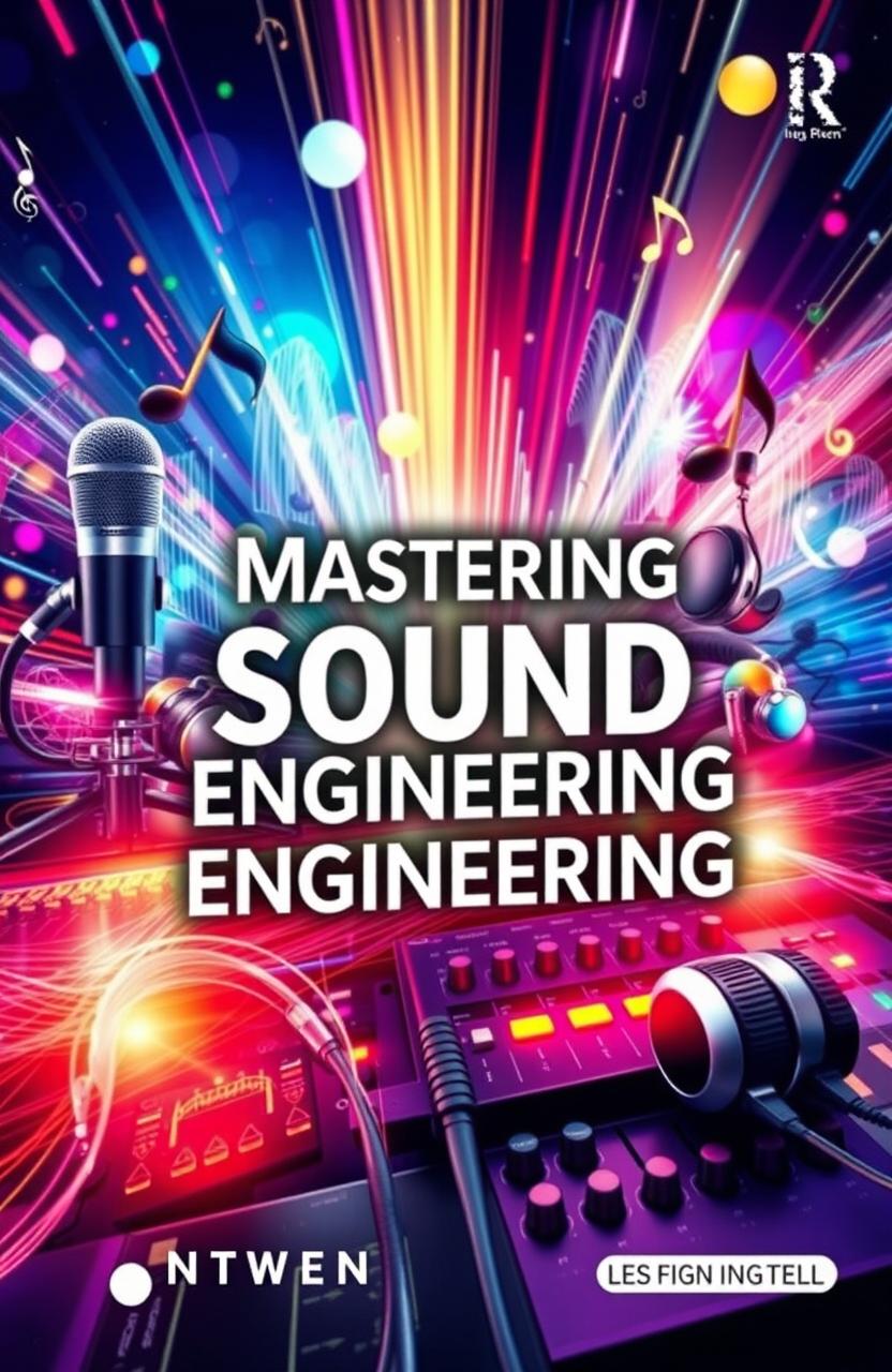 A beautifully detailed cover design for a sound engineering book, featuring a striking blend of audio equipment like microphones, headphones, and mixing consoles, alongside sound waves and musical notes