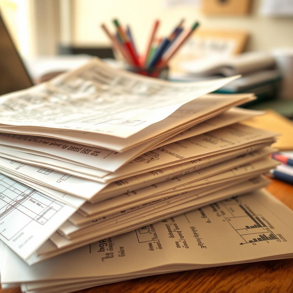 A close-up of a stack of papers with detailed handwritten notes, the papers are slightly crumpled and feature various diagrams and calculations