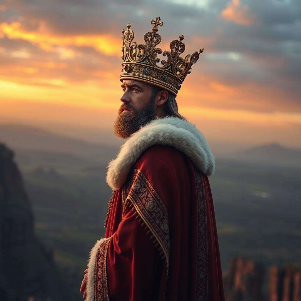 A regal king wearing an ornate, luxurious crown, standing on a cliff while gazing into the horizon
