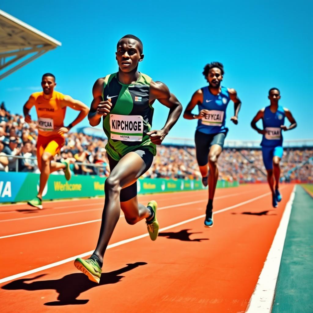 A dynamic running scene on a vibrant track field, showcasing three athletes in full sprint mode