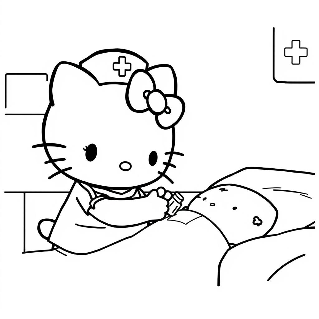 A black and white illustration of Hello Kitty dressed as a nurse, tenderly administering medication to a patient