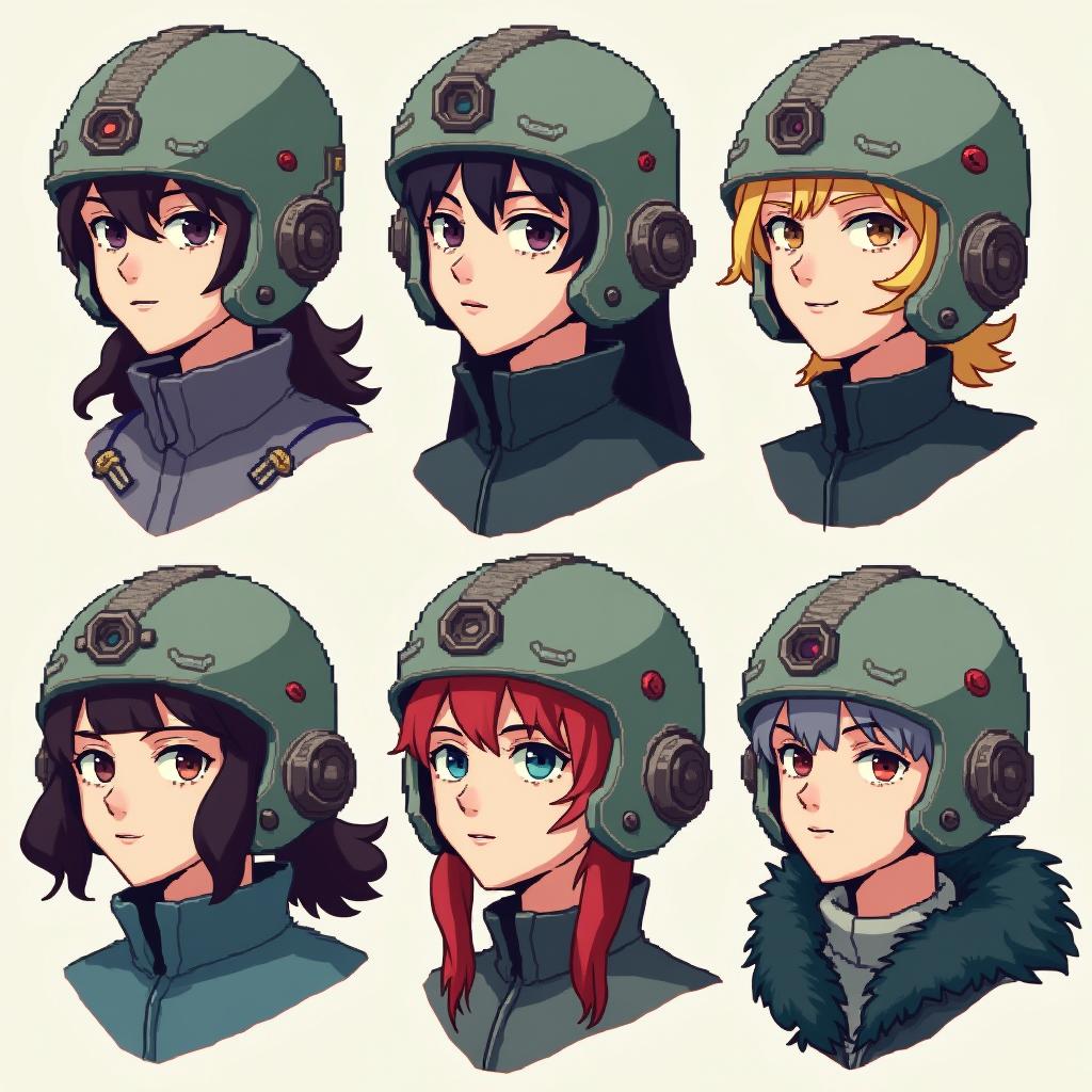 A collection of pixel art style anime portraits featuring stern old female mech pilots wearing helmets